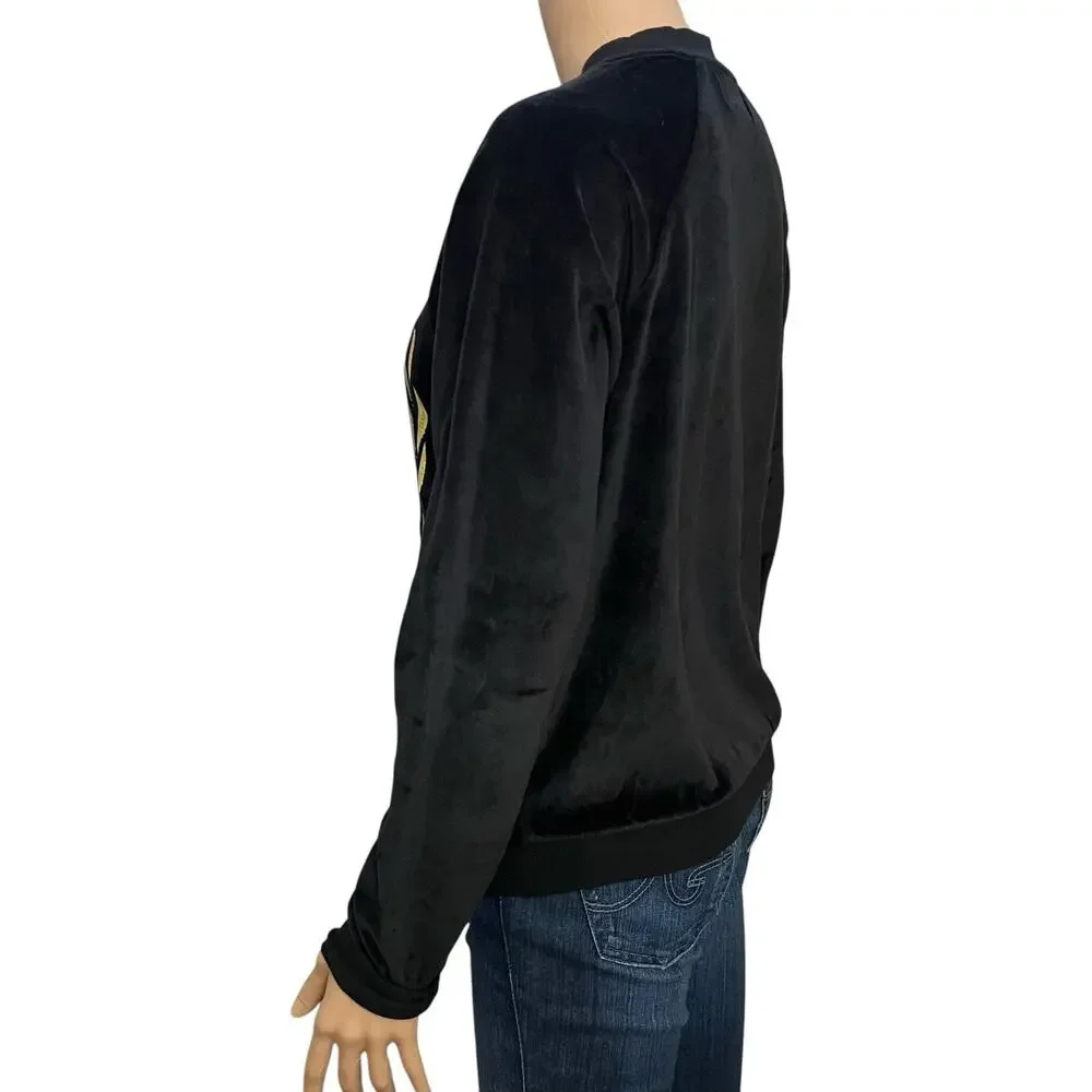 Wildfox White Label Logo Embroidered Velour Sweatshirt Small Black Gold Rare - Picture 2 of 6